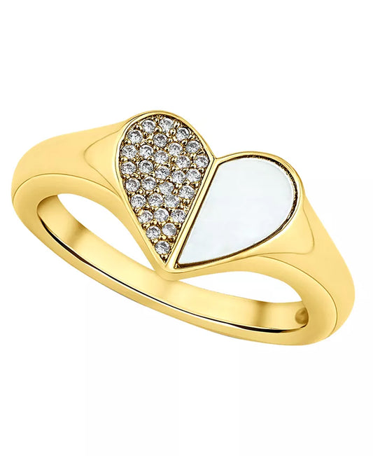 Cubic Zirconia and Cultivated Mother of Pearl 18K Gold-Plated Heart Ring