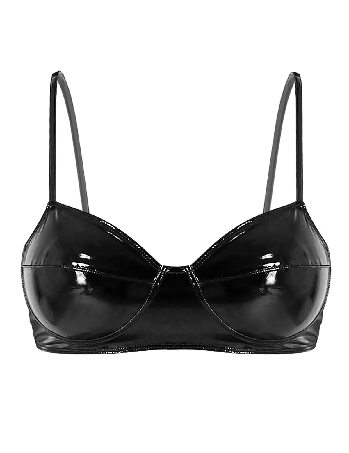 Womens Sexy Lingerie Shiny Wetlook Leather Harness Bra Fashion Black Wire-Free No Pad Bra Top Erotic Lingerie Underwear Clubwear